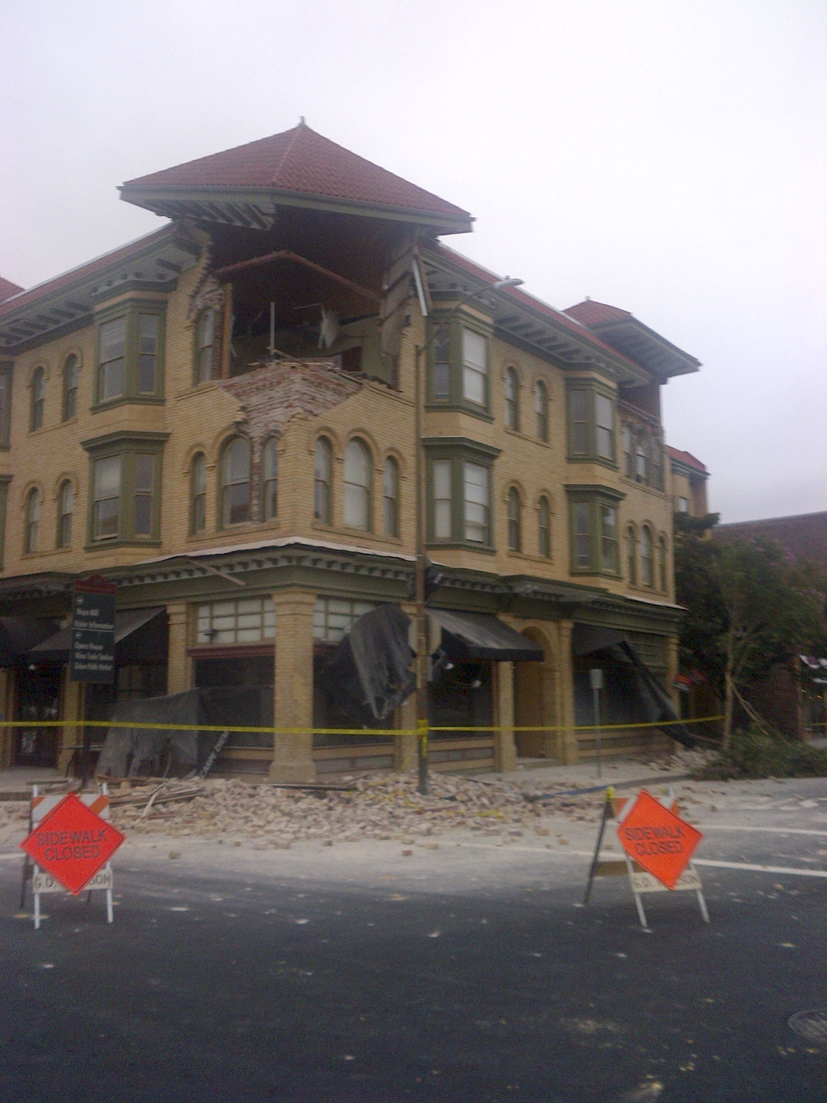Damage is shown to a downtown building in Napa