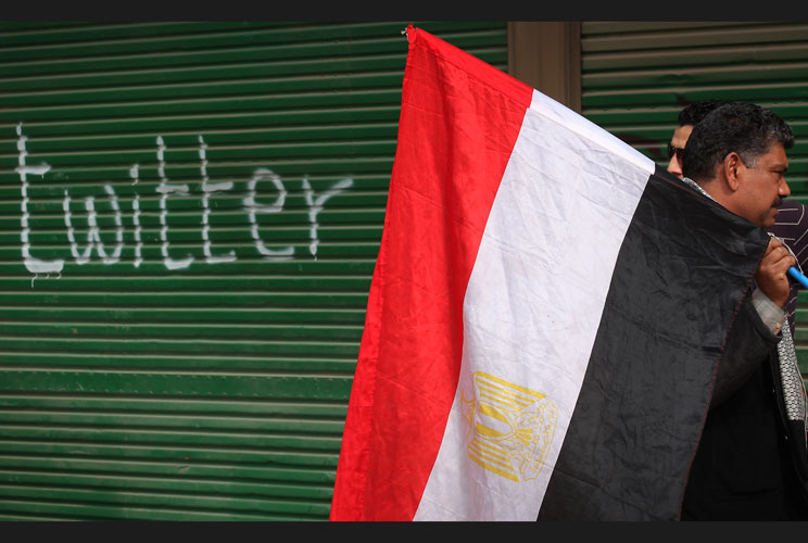 A shop in Tahrir Square is spray painted with the word Twitter after the government shut off internet access on February 4, 2011 in Cairo, Egypt.